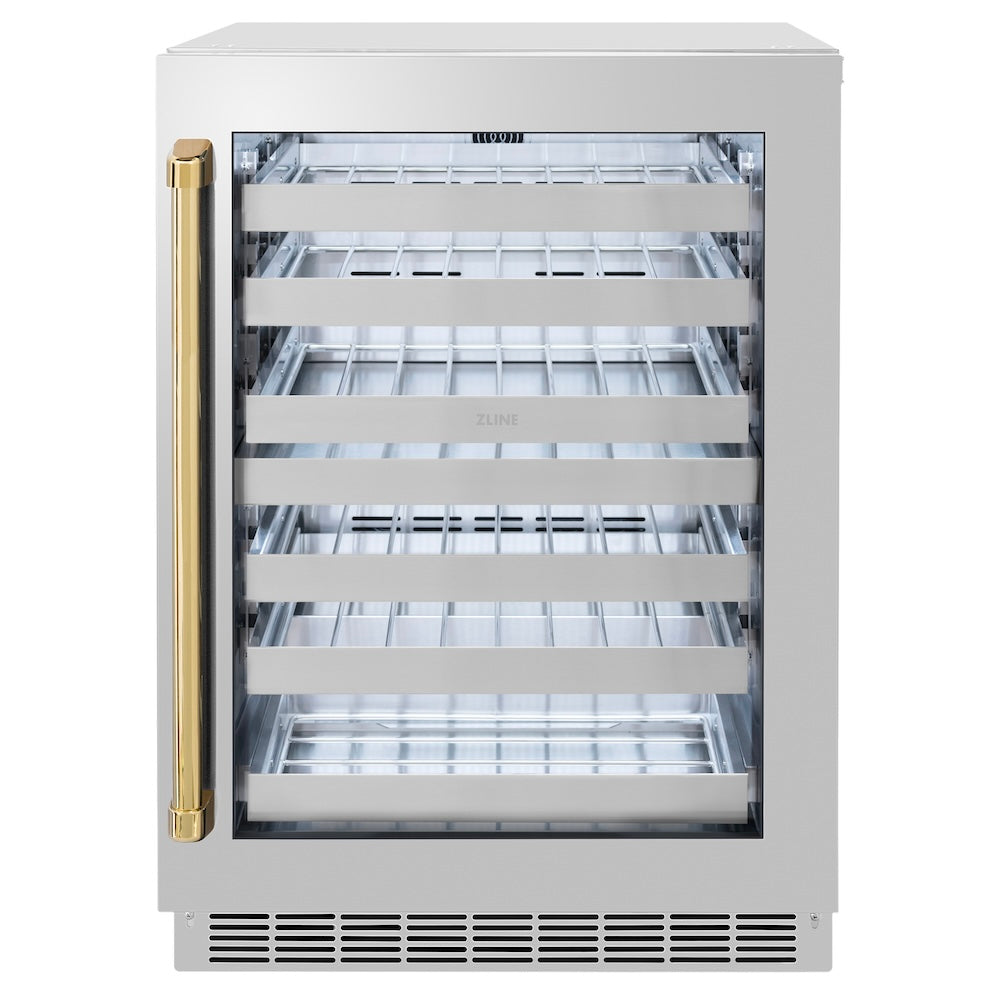 ZLINE Autograph Edition 24 in. Touchstone Dual Zone 44 Bottle Wine Cooler With Stainless Steel Glass Door And Polished Gold Handle (RWDOZ-GS-24-G)
