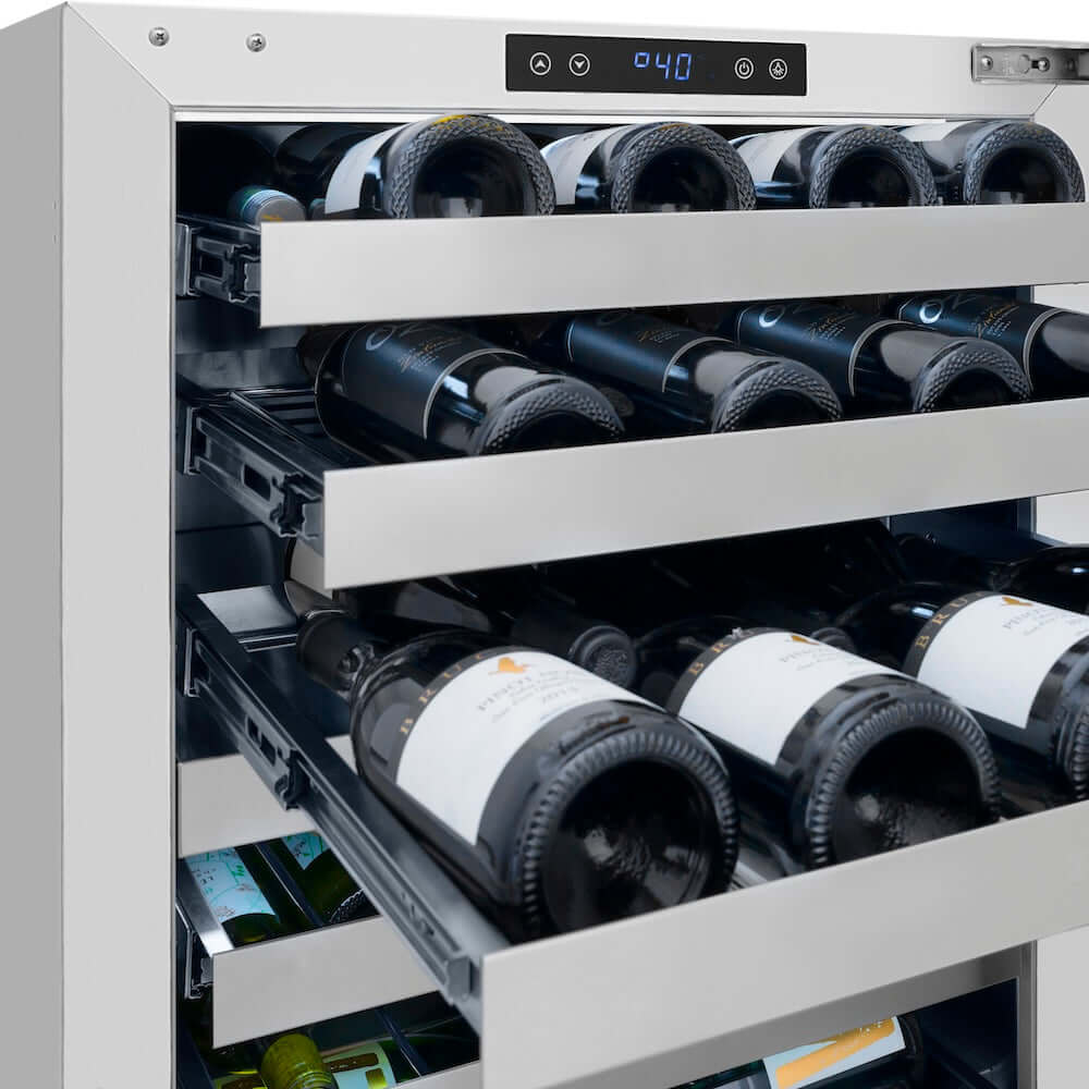 ZLINE Autograph Edition 24 in. Touchstone Dual Zone 44 Bottle Wine Cooler with Stainless Steel Glass Door and Champagne Bronze Helix Handle (RWDOZS-24-KCB) wine varietals on adjustable shelves close-up.