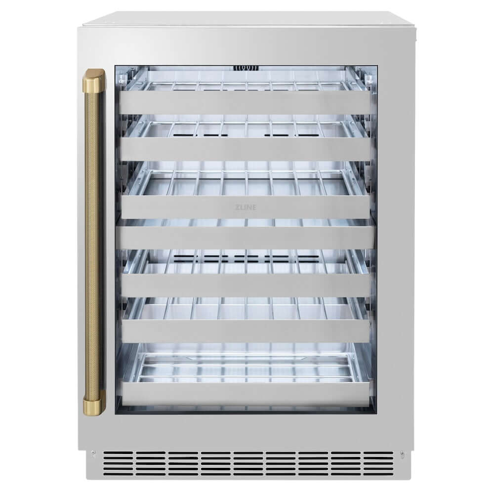 ZLINE Autograph Edition 24 in. Touchstone Dual Zone 44 Bottle Wine Cooler with Stainless Steel Glass Door and Champagne Bronze Helix Handle (RWDOZS-24-KCB)