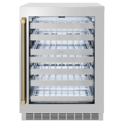ZLINE Autograph Edition 24 in. Touchstone Dual Zone 44 Bottle Wine Cooler with Stainless Steel Glass Door and Champagne Bronze Helix Handle (RWDOZS-24-KCB)