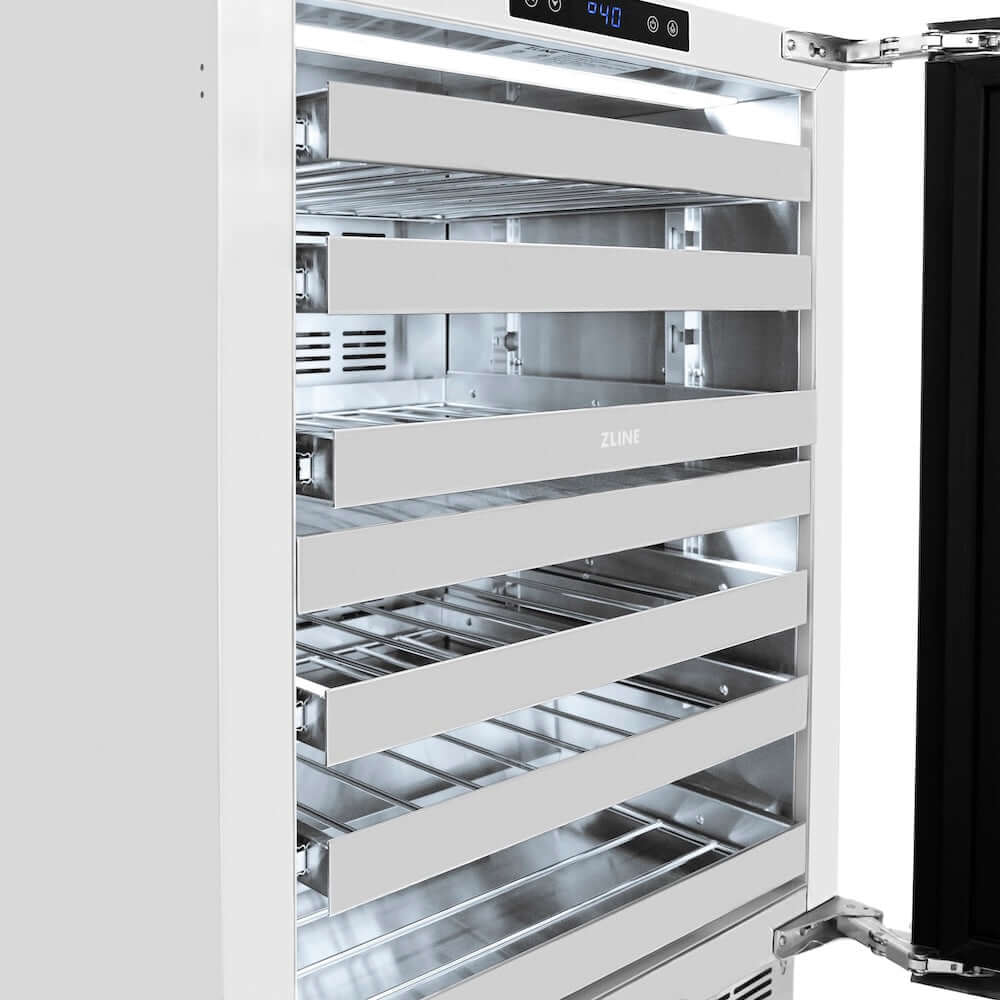 ZLINE Autograph Edition 24 in. Touchstone Dual Zone 44 Bottle Wine Cooler with Stainless Steel Glass Door and Polished Gold Helix Handle (RWDOZS-24-KG) open, side, multiple shelves and digital display.