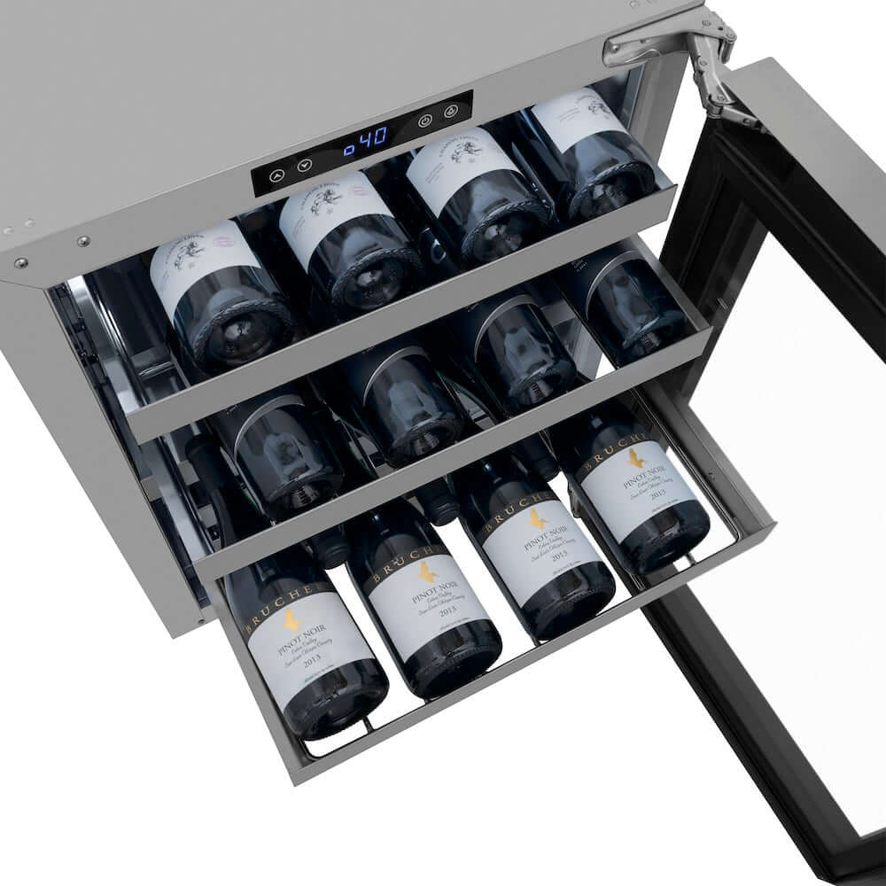 ZLINE Autograph Edition 24 in. Touchstone Dual Zone 44 Bottle Wine Cooler with Stainless Steel Glass Door and Polished Gold Helix Handle (RWDOZS-24-KG) open, from above, wine bottles on racks below digital display.