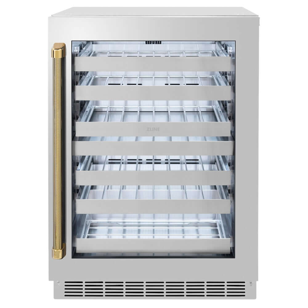 ZLINE Autograph Edition 24 in. Touchstone Dual Zone 44 Bottle Wine Cooler with Stainless Steel Glass Door and Polished Gold Helix Handle (RWDOZS-24-KG)