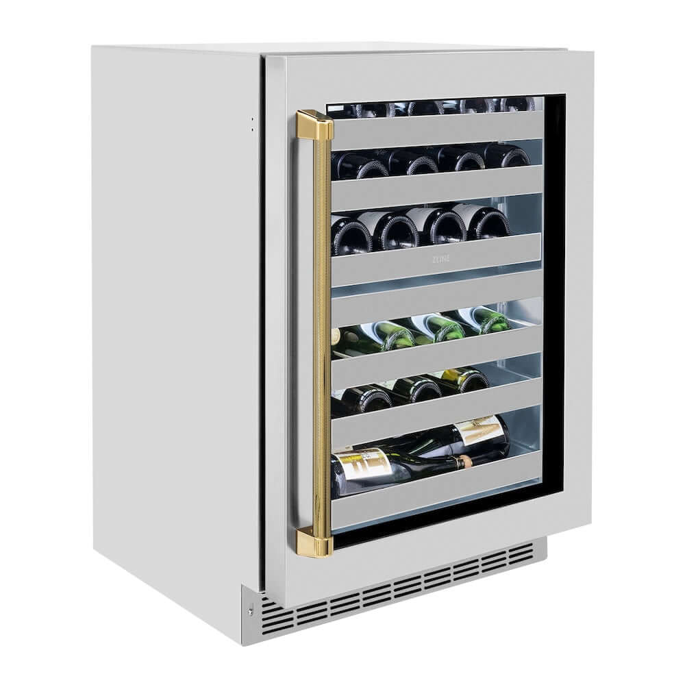 ZLINE Autograph Edition 24 in. Touchstone Dual Zone 44 Bottle Wine Cooler with Stainless Steel Glass Door and Polished Gold Helix Handle (RWDOZS-24-KG) side.