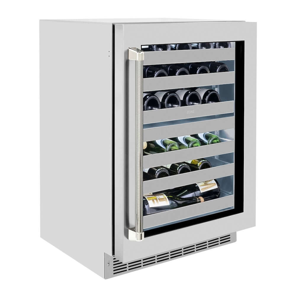 ZLINE Autograph Edition 24 in. Touchstone Dual Zone 44 Bottle Wine Cooler with Stainless Steel Glass Door and Polished Nickel Helix Handle (RWDOZS-24-KPN) side.
