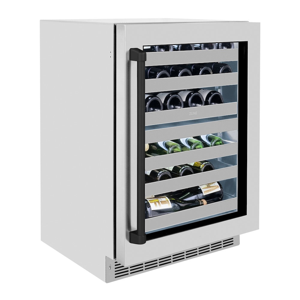 ZLINE Autograph Edition 24 in. Touchstone Dual Zone 44 Bottle Wine Cooler With Stainless Steel Glass Door And Matte Black Handle (RWDOZ-GS-24-MB) side, closed.