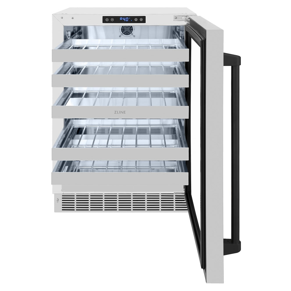 ZLINE Autograph Edition 24 in. Touchstone Dual Zone 44 Bottle Wine Cooler With Stainless Steel Glass Door And Matte Black Handle (RWDOZ-GS-24-MB) front, open, empty.