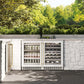 ZLINE Autograph Edition 24 in. Touchstone 151 Can Beverage Fridge With White Matte Glass Door And Champagne Bronze Handle (RBSOZ-WM-24-CB) front, in an outdoor patio area with a matching wine cooler against a stone wall and greenery.