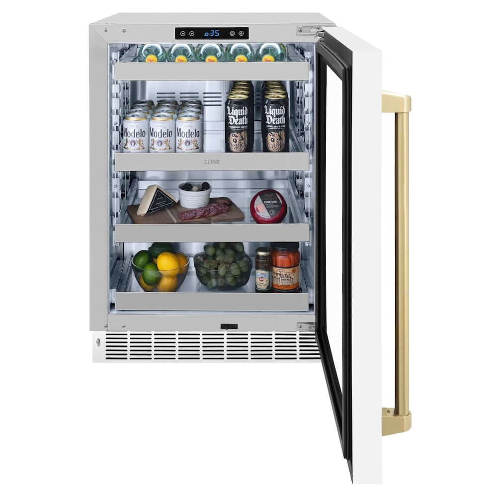 ZLINE Autograph Edition 24 in. Touchstone 151 Can Beverage Fridge With White Matte Glass Door And Champagne Bronze Handle (RBSOZ-WM-24-CB) front, open, full.