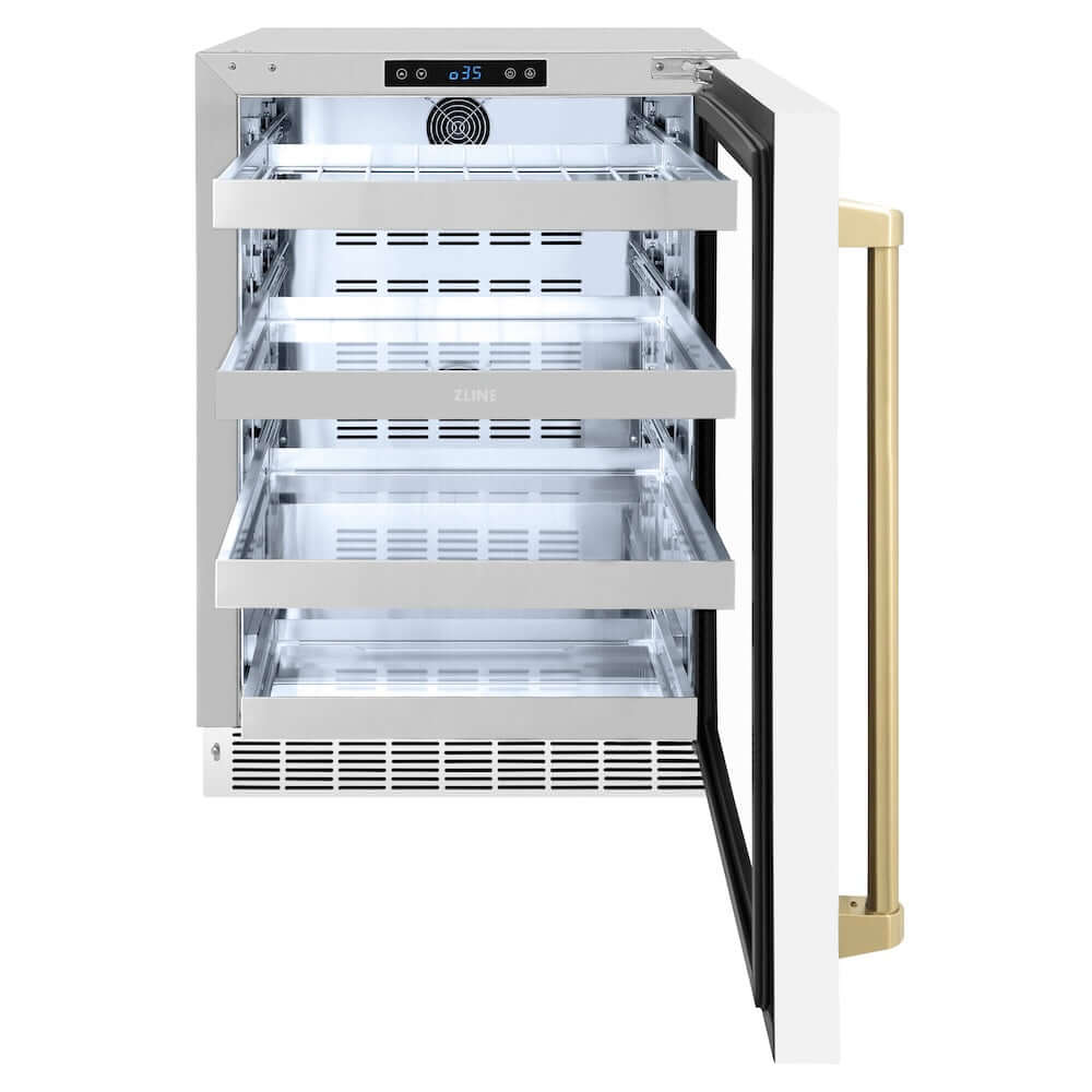 ZLINE Autograph Edition 24 in. Touchstone 151 Can Beverage Fridge With White Matte Glass Door And Champagne Bronze Handle (RBSOZ-WM-24-CB) front, open, empty.