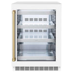 ZLINE Autograph Edition 24 in. Touchstone 151 Can Beverage Fridge With White Matte Glass Door And Champagne Bronze Handle (RBSOZ-WM-24-CB) front, closed.