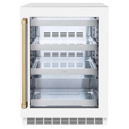 ZLINE Autograph Edition 24 in. Touchstone 151 Can Beverage Fridge With White Matte Glass Door And Champagne Bronze Handle (RBSOZ-WM-24-CB) front, closed.