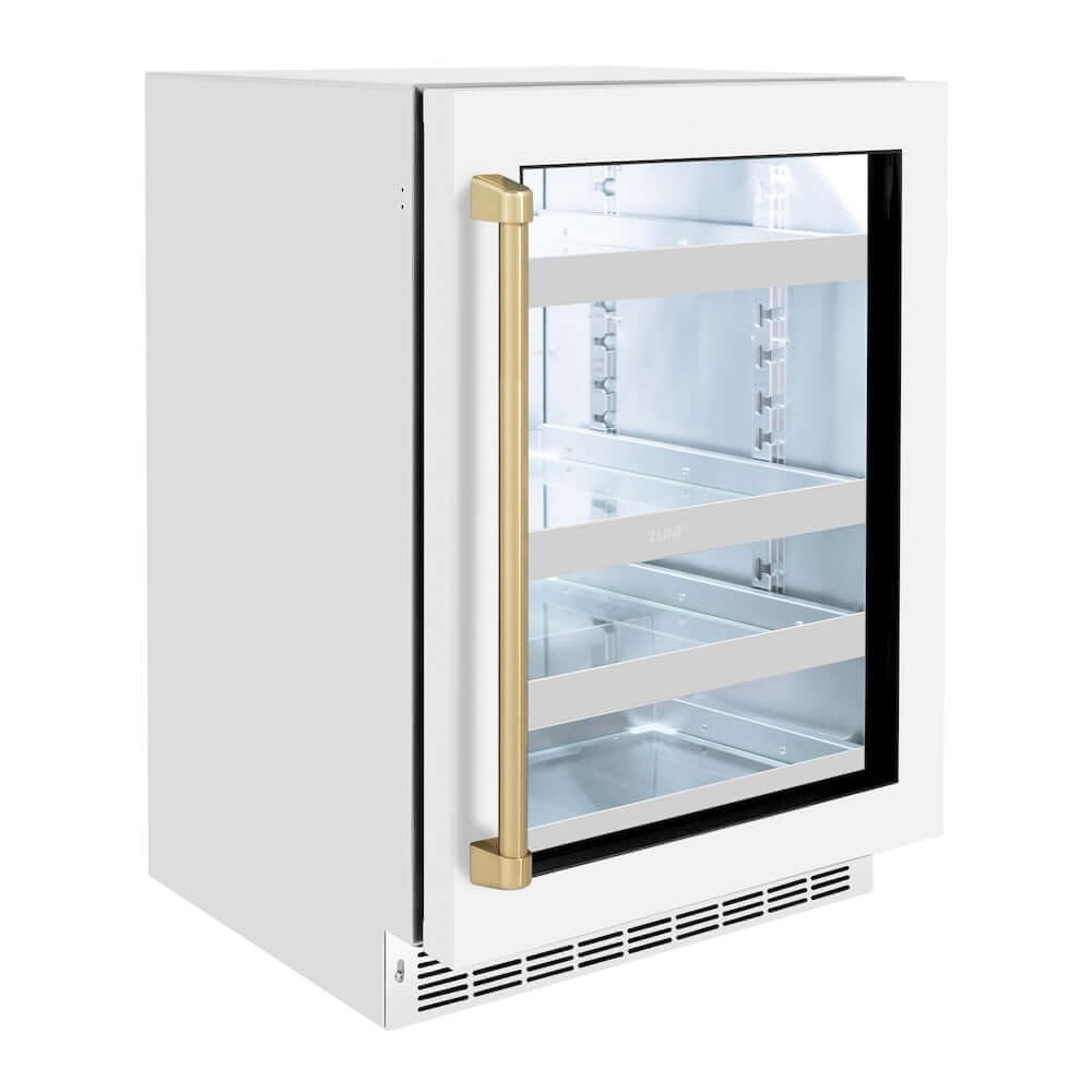 ZLINE Autograph Edition 24 in. Touchstone 151 Can Beverage Fridge With White Matte Glass Door And Champagne Bronze Handle (RBSOZ-WM-24-CB) side, closed.