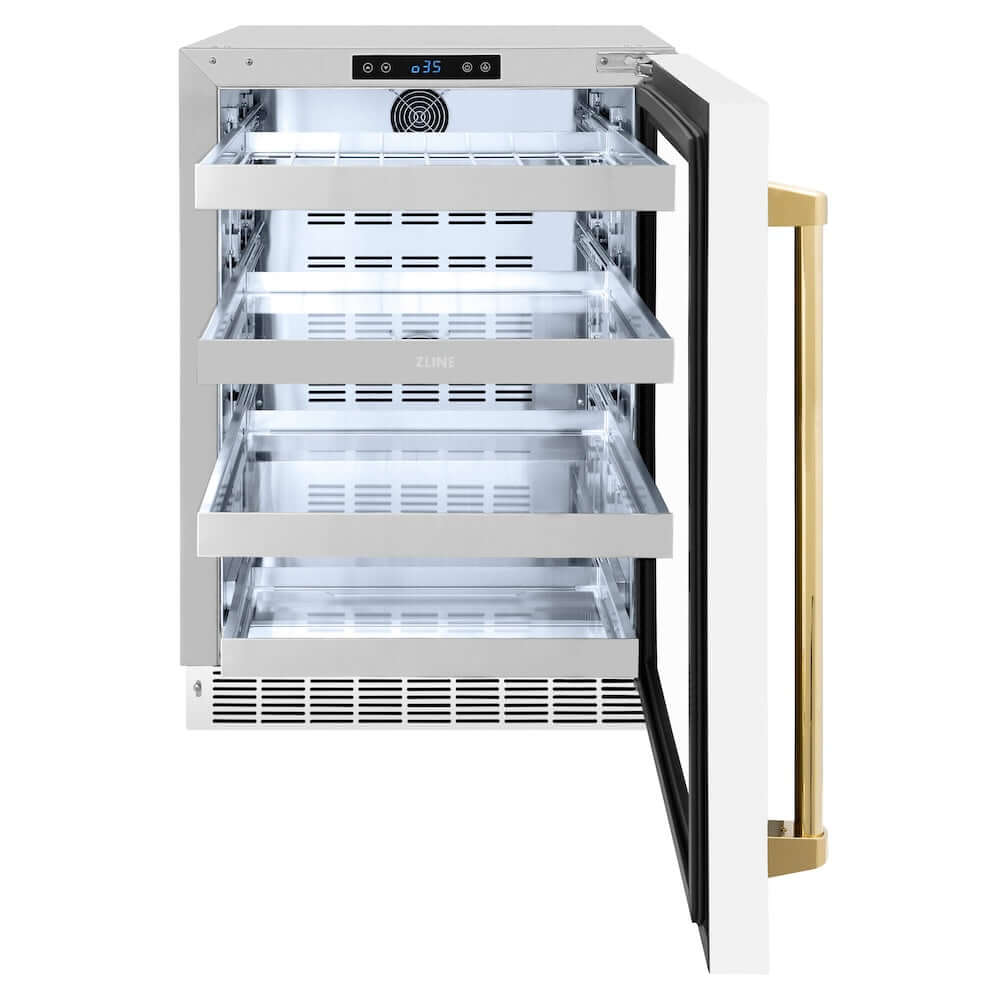 ZLINE Autograph Edition 24 in. Touchstone 151 Can Beverage Fridge With White Matte Glass Door And Polished Gold Handle (RBSOZ-WM-24-G) front, open, empty.