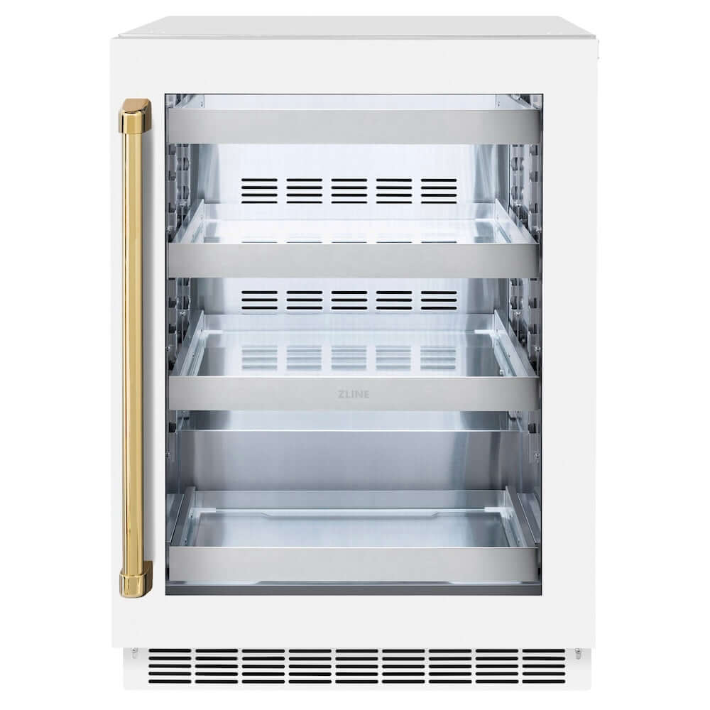 ZLINE Autograph Edition 24 in. Touchstone 151 Can Beverage Fridge With White Matte Glass Door And Polished Gold Handle (RBSOZ-WM-24-G) front, closed.