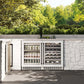 ZLINE Autograph Edition 24 in. Touchstone 151 Can Beverage Fridge With White Matte Glass Door And Matte Black Handle (RBSOZ-WM-24-MB) front, in an outdoor patio area with a matching wine cooler against a stone wall and greenery.