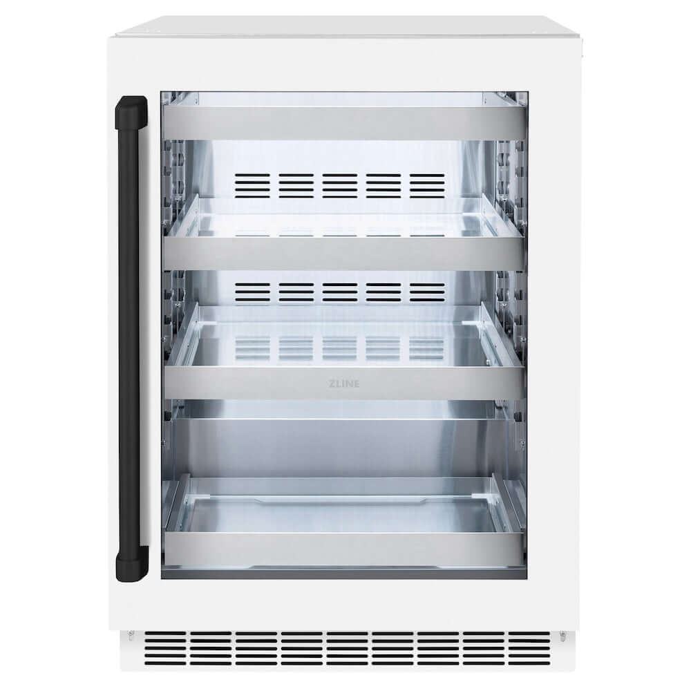 ZLINE Autograph Edition 24 in. Touchstone 151 Can Beverage Fridge with White Matte Glass Door and Matte Black Handle (RBSOZ-WM-24-MB) main image.