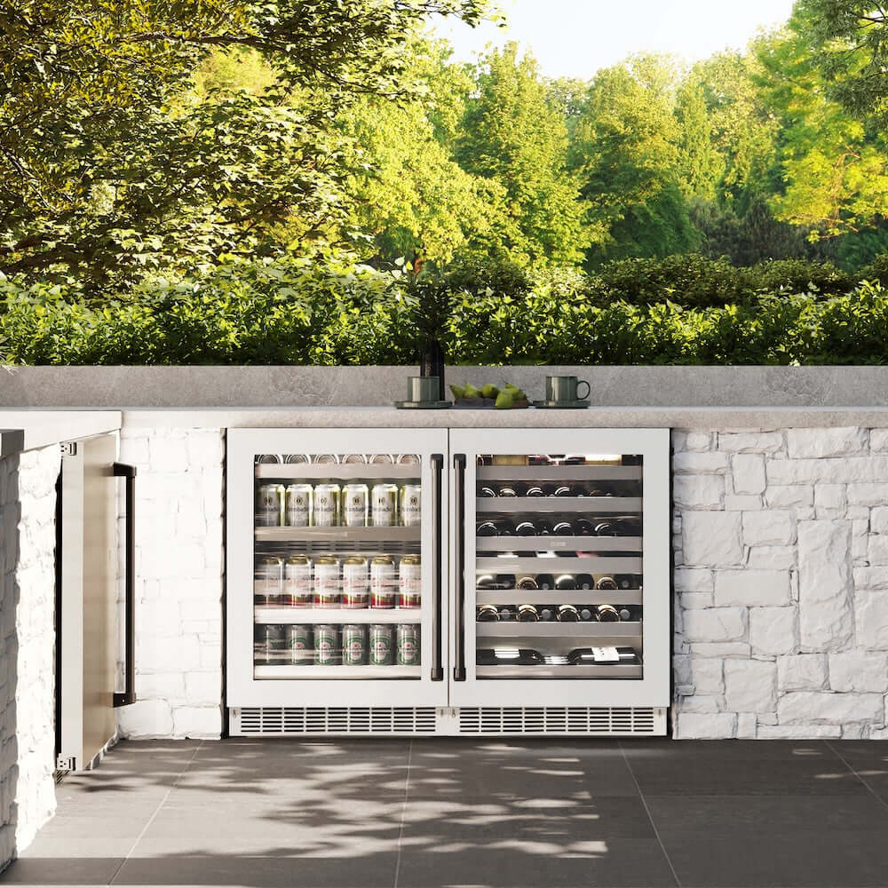 ZLINE Autograph Edition 24 in. Touchstone Dual Zone 44 Bottle Wine Cooler With White Matte Glass Door And Matte Black Handle (RWDOZ-WM-24-MB) in a luxury outdoor kitchen, front.