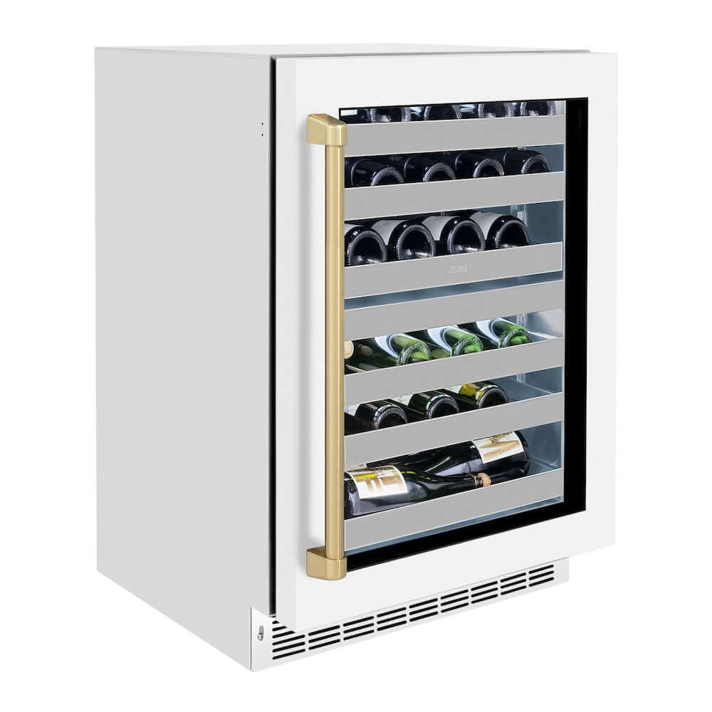 ZLINE Autograph Edition 24 in. Touchstone Dual Zone 44 Bottle Wine Cooler With White Matte Glass Door And Champagne Bronze Handle (RWDOZ-WM-24-CB) side, closed.