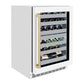 ZLINE Autograph Edition 24 in. Touchstone Dual Zone 44 Bottle Wine Cooler With White Matte Glass Door And Champagne Bronze Handle (RWDOZ-WM-24-CB) side, closed.