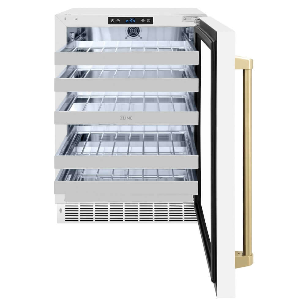 ZLINE Autograph Edition 24 in. Touchstone Dual Zone 44 Bottle Wine Cooler With White Matte Glass Door And Champagne Bronze Handle (RWDOZ-WM-24-CB) front, open, empty.