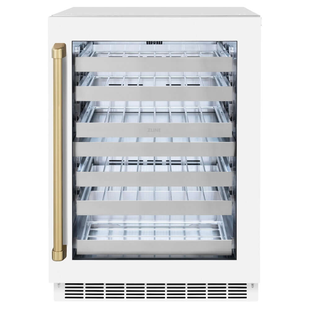 ZLINE Autograph Edition 24 in. Touchstone Dual Zone 44 Bottle Wine Cooler With White Matte Glass Door And Champagne Bronze Handle (RWDOZ-WM-24-CB) front, closed.