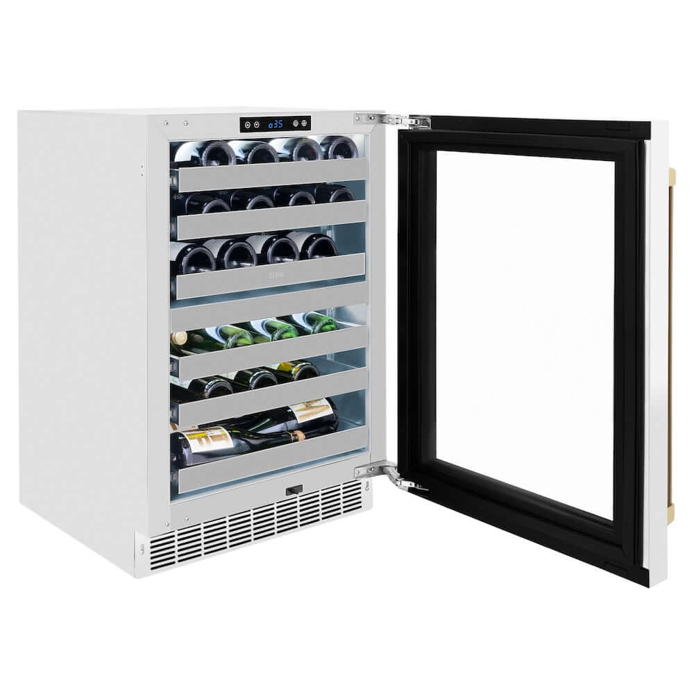 ZLINE Autograph Edition 24 in. Touchstone Dual Zone 44 Bottle Wine Cooler With White Matte Glass Door And Champagne Bronze Handle (RWDOZ-WM-24-CB) side, open, with beverages inside.