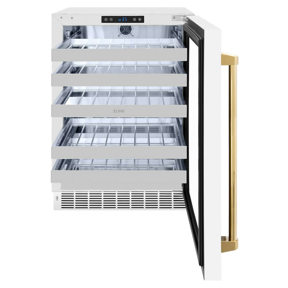 ZLINE Autograph Edition 24 in. Touchstone Dual Zone 44 Bottle Wine Cooler With White Matte Glass Door And Polished Gold Handle (RWDOZ-WM-24-G) front, open, empty.