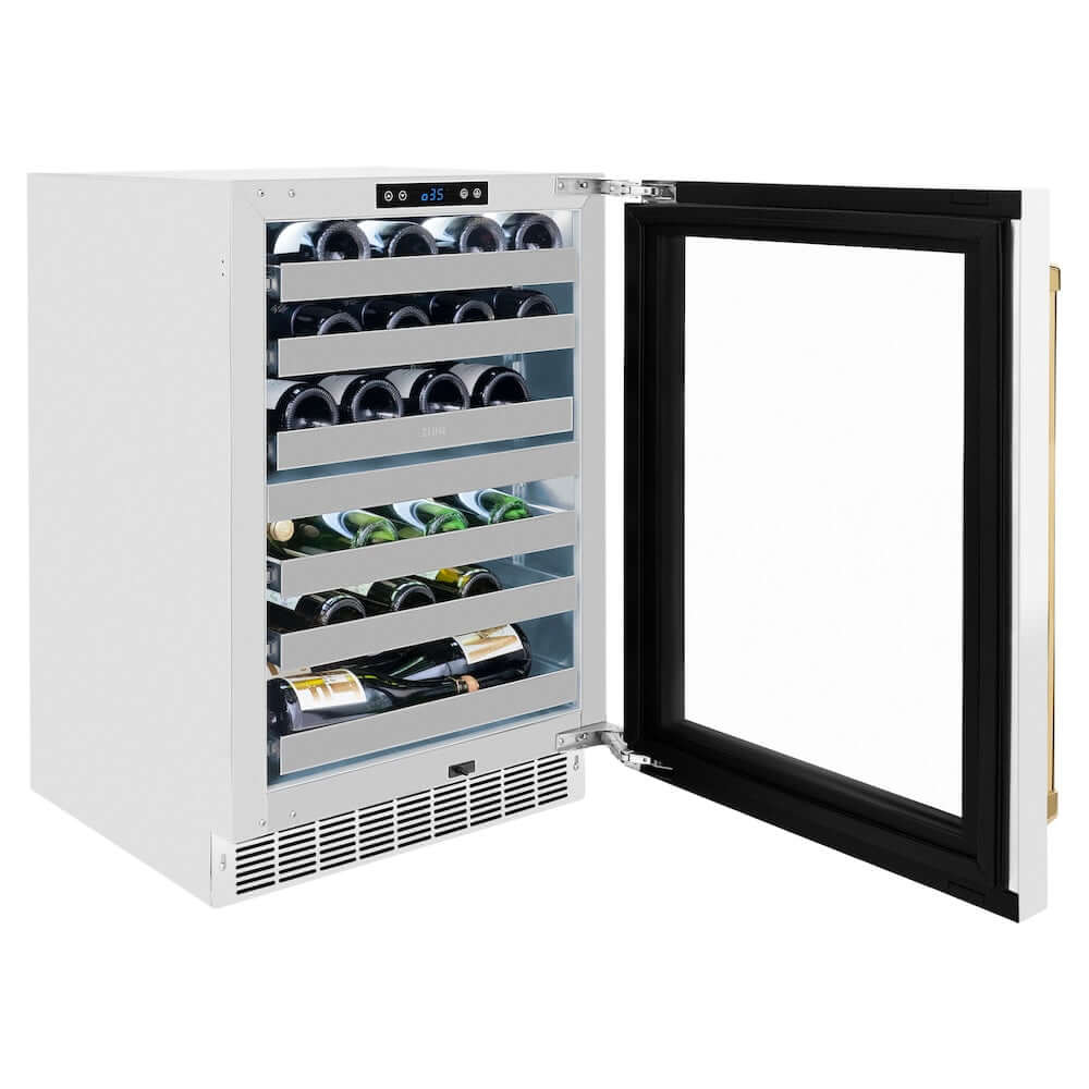 ZLINE Autograph Edition 24 in. Touchstone Dual Zone 44 Bottle Wine Cooler With White Matte Glass Door And Polished Gold Handle (RWDOZ-WM-24-G) side, open, with beverages inside.