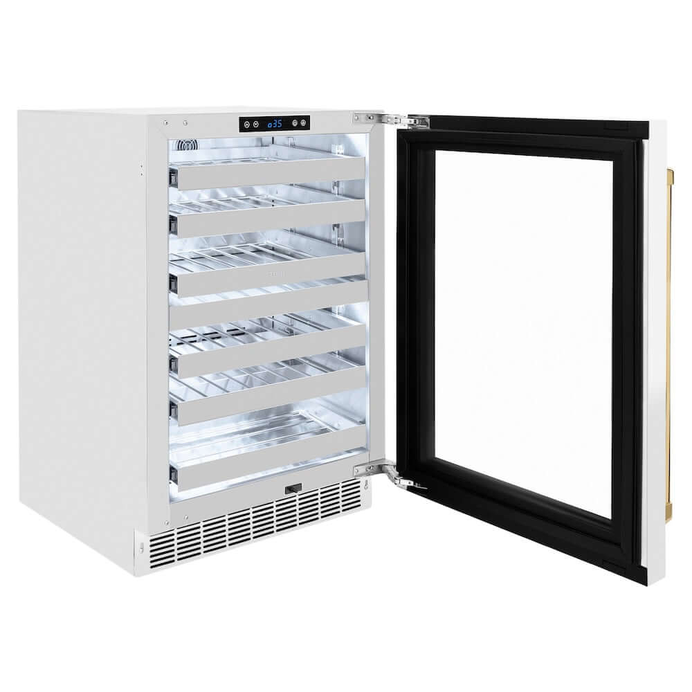 ZLINE Autograph Edition 24 in. Touchstone Dual Zone 44 Bottle Wine Cooler With White Matte Glass Door And Polished Gold Handle (RWDOZ-WM-24-G) side, open.