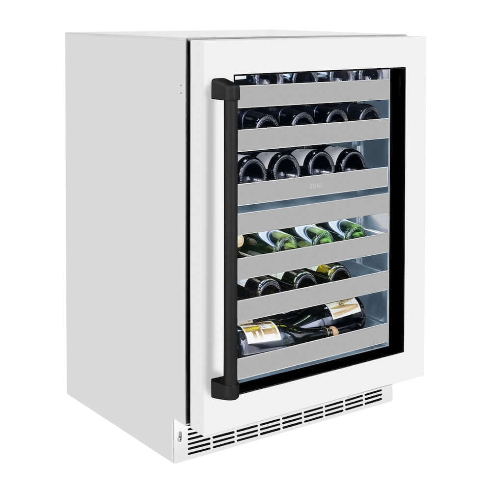 ZLINE Autograph Edition 24 in. Touchstone Dual Zone 44 Bottle Wine Cooler With White Matte Glass Door And Matte Black Handle (RWDOZ-WM-24-MB) side, closed.