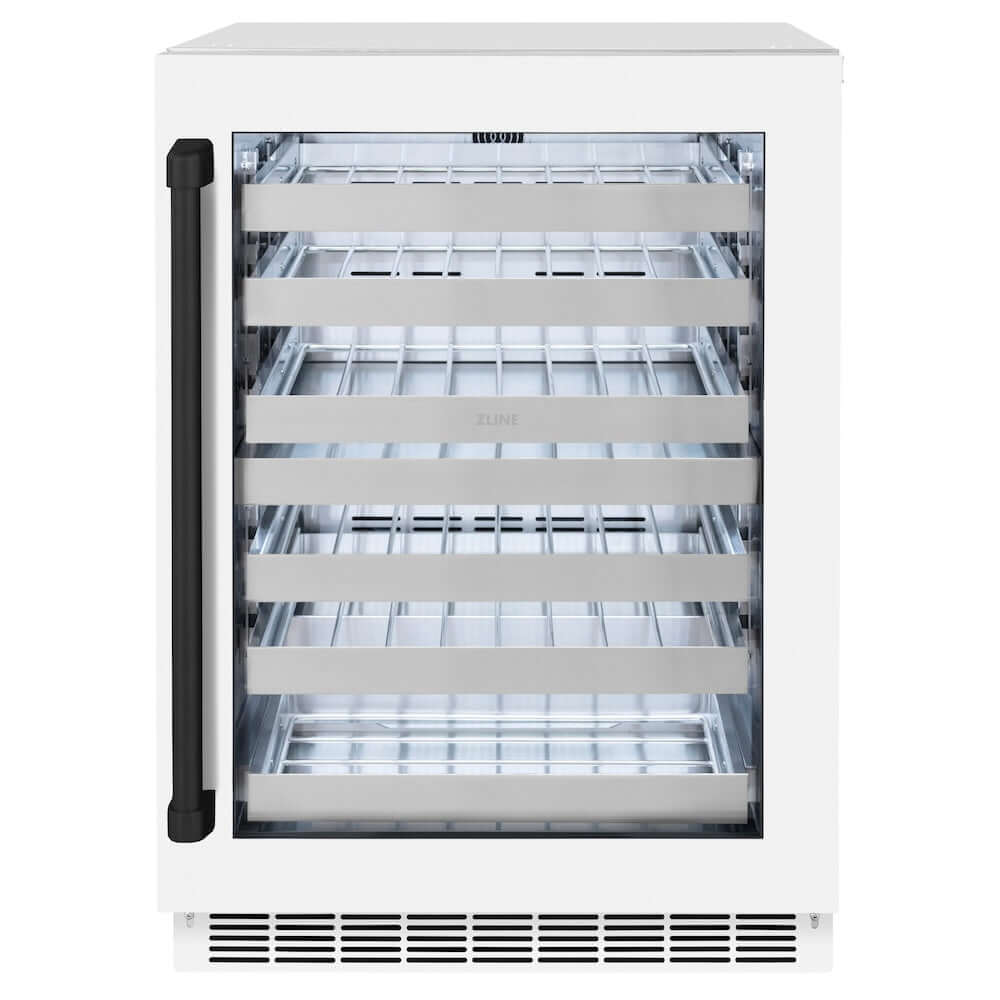ZLINE Autograph Edition 24 in. Touchstone Dual Zone 44 Bottle Wine Cooler With White Matte Glass Door And Matte Black Handle (RWDOZ-WM-24-MB) front, closed.