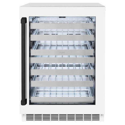 ZLINE Autograph Edition 24 in. Touchstone Dual Zone 44 Bottle Wine Cooler With White Matte Glass Door And Matte Black Handle (RWDOZ-WM-24-MB) front, closed.