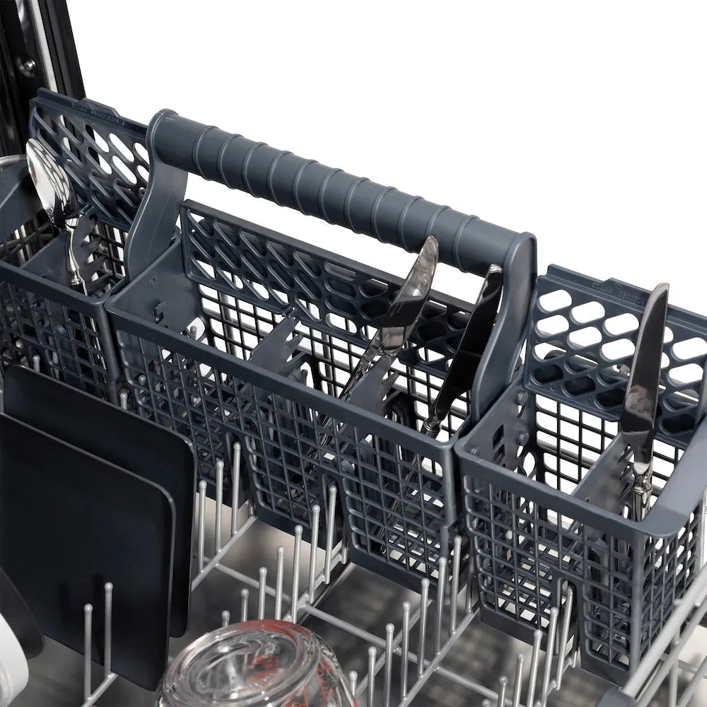 ZLINE Autograph Edition 24 in. Monument Series 3rd Rack Top Touch Control Tall Tub Dishwasher with Satin Stainless Steel Panel and Champagne Bronze Handle, 45dBa (DWMTZ-SN-24-CB) close-up, utensil holder on bottom dish rack.