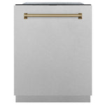 ZLINE Autograph Edition 24 in. Monument Series 3rd Rack Top Touch Control Tall Tub Dishwasher with Satin Stainless Steel Panel and Champagne Bronze Handle, 45dBa (DWMTZ-SN-24-CB)