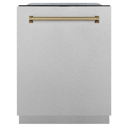 ZLINE Autograph Edition 24 in. Monument Series 3rd Rack Top Touch Control Tall Tub Dishwasher with Satin Stainless Steel Panel and Champagne Bronze Handle, 45dBa (DWMTZ-SN-24-CB)