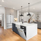 ZLINE Autograph Edition 24 in. Monument Series 3rd Rack Top Touch Control Tall Tub Dishwasher with Satin Stainless Steel Panel and Champagne Bronze Handle, 45dBa (DWMTZ-SN-24-CB) in a kitchen with white island, matching stainless steel appliances, and wooden flooring.