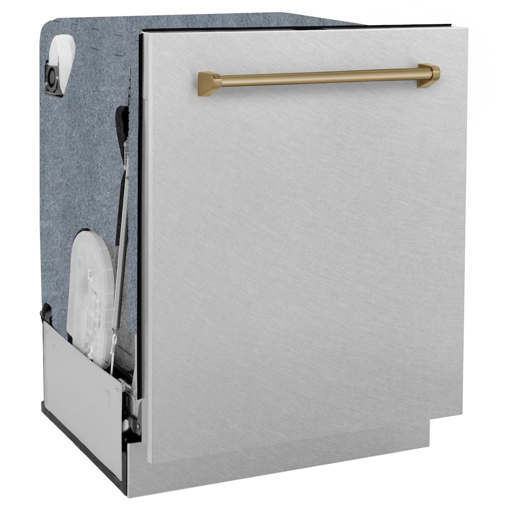 ZLINE Autograph Edition 24 in. Monument Series 3rd Rack Top Touch Control Tall Tub Dishwasher with Satin Stainless Steel Panel and Champagne Bronze Handle, 45dBa (DWMTZ-SN-24-CB)