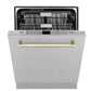 ZLINE Autograph Edition 24 in. Monument Series 3rd Rack Top Touch Control Tall Tub Dishwasher with Satin Stainless Steel Panel and Polished Gold Handle, 45dBa (DWMTZ-SN-24-G)