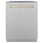 ZLINE Autograph Edition 24 in. Monument Series 3rd Rack Top Touch Control Tall Tub Dishwasher with Satin Stainless Steel Panel and Polished Gold Handle, 45dBa (DWMTZ-SN-24-G)