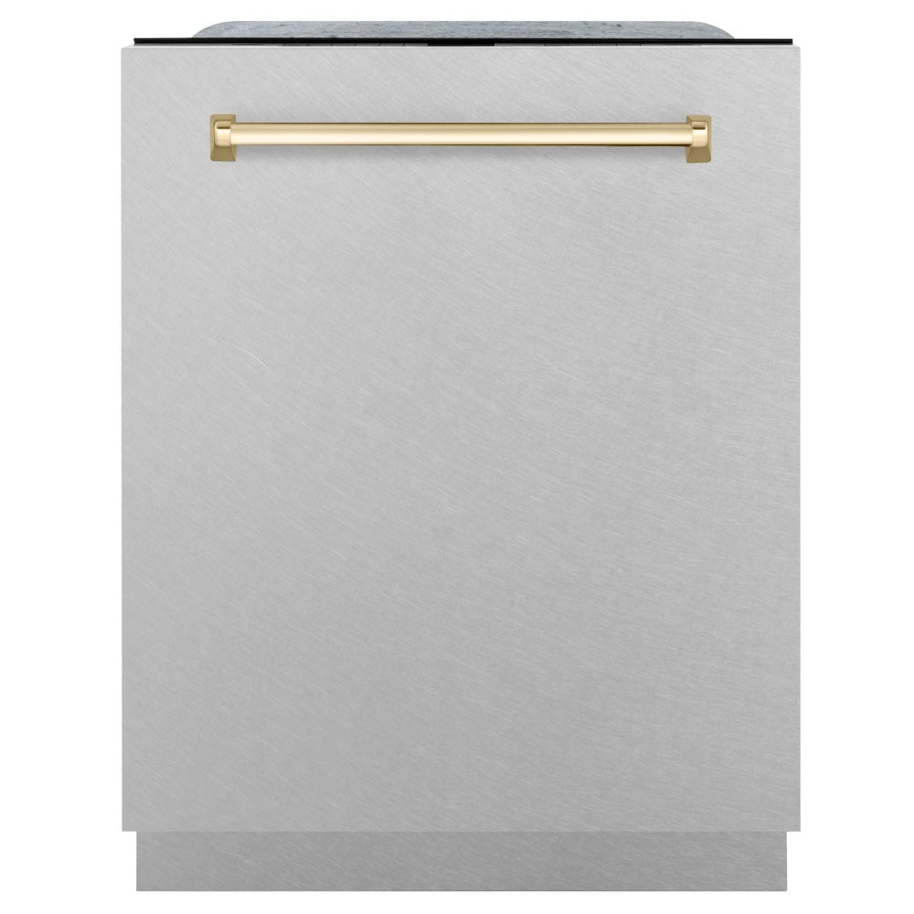 ZLINE Autograph Edition 24 in. Monument Series 3rd Rack Top Touch Control Tall Tub Dishwasher with Satin Stainless Steel Panel and Polished Gold Handle, 45dBa (DWMTZ-SN-24-G)