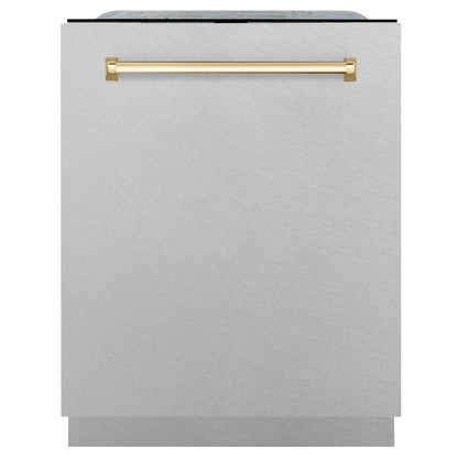 ZLINE Autograph Edition 24 in. Monument Series 3rd Rack Top Touch Control Tall Tub Dishwasher with Satin Stainless Steel Panel and Polished Gold Handle, 45dBa (DWMTZ-SN-24-G)