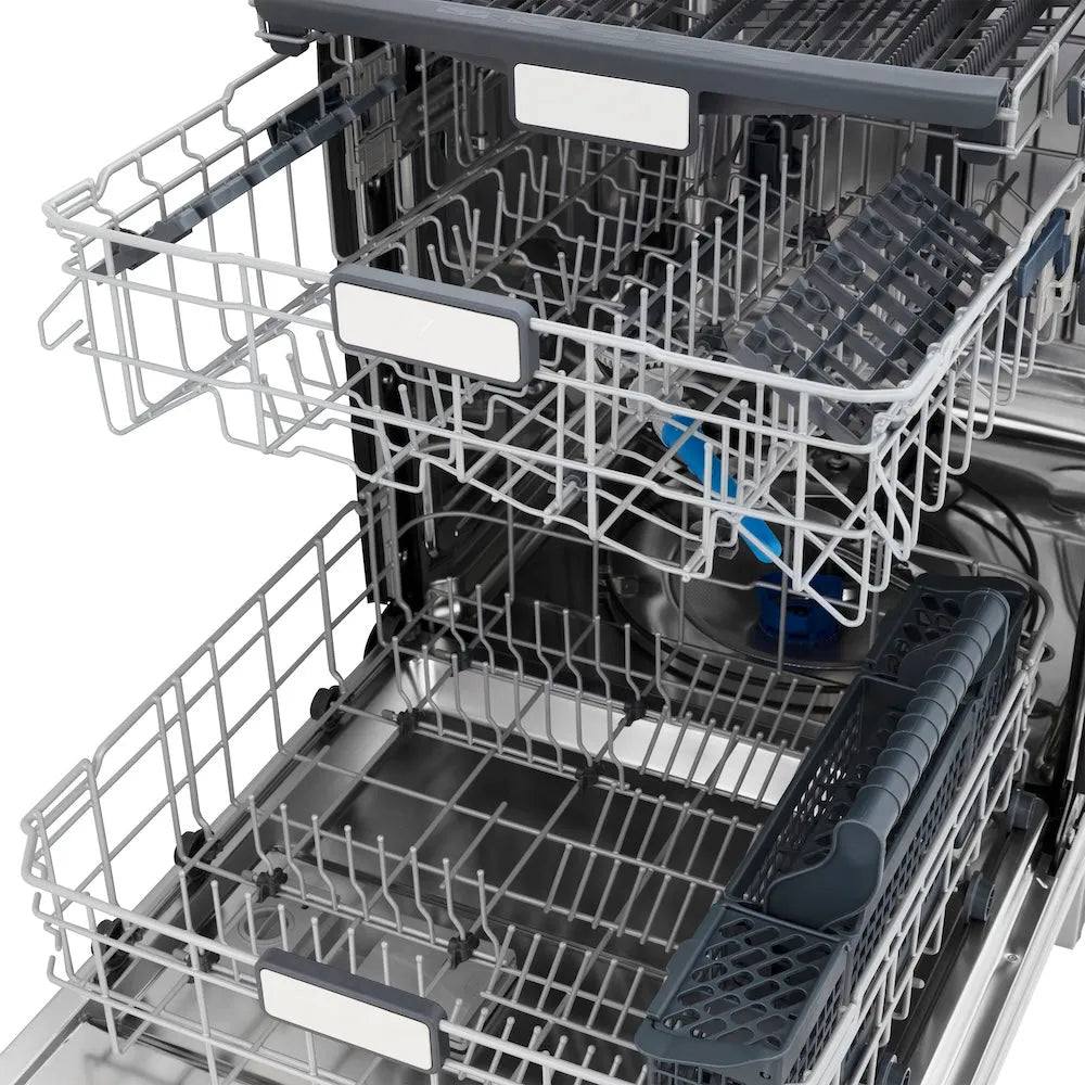 ZLINE Autograph Edition 24 in. Monument Series 3rd Rack Top Control Built-In Tall Tub Dishwasher with Satin Stainless Steel Panel and Matte Black Handle, 45dBa (DWMTZ-SN-24-MB) adjustable dish racks.