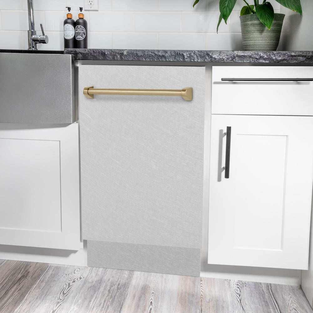 ZLINE Autograph Edition 18 in. Tallac Series 3rd Rack Top Control Built-In Dishwasher with Satin Stainless Steel Panel and Champagne Bronze Handle, 51dBa (DWVZ-SN-18-CB)