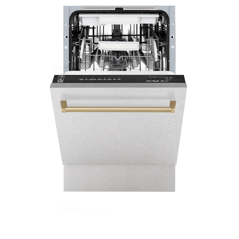ZLINE Autograph Edition 18 in. Tallac Series 3rd Rack Top Control Built-In Dishwasher with Satin Stainless Steel Panel and Champagne Bronze Handle, 51dBa (DWVZ-SN-18-CB)