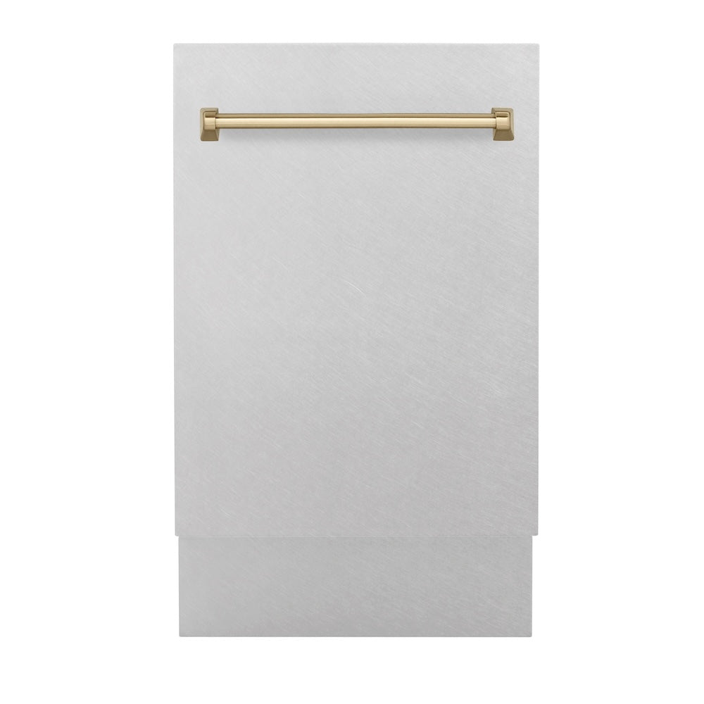 ZLINE Autograph Edition 18 in. Tallac Series 3rd Rack Top Control Built-In Dishwasher with Satin Stainless Steel Panel and Champagne Bronze Handle, 51dBa (DWVZ-SN-18-CB)