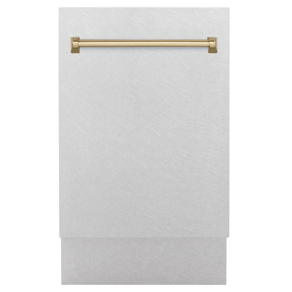 ZLINE Autograph Edition 18 in. Tallac Series 3rd Rack Top Control Built-In Dishwasher with Satin Stainless Steel Panel and Champagne Bronze Handle, 51dBa (DWVZ-SN-18-CB)