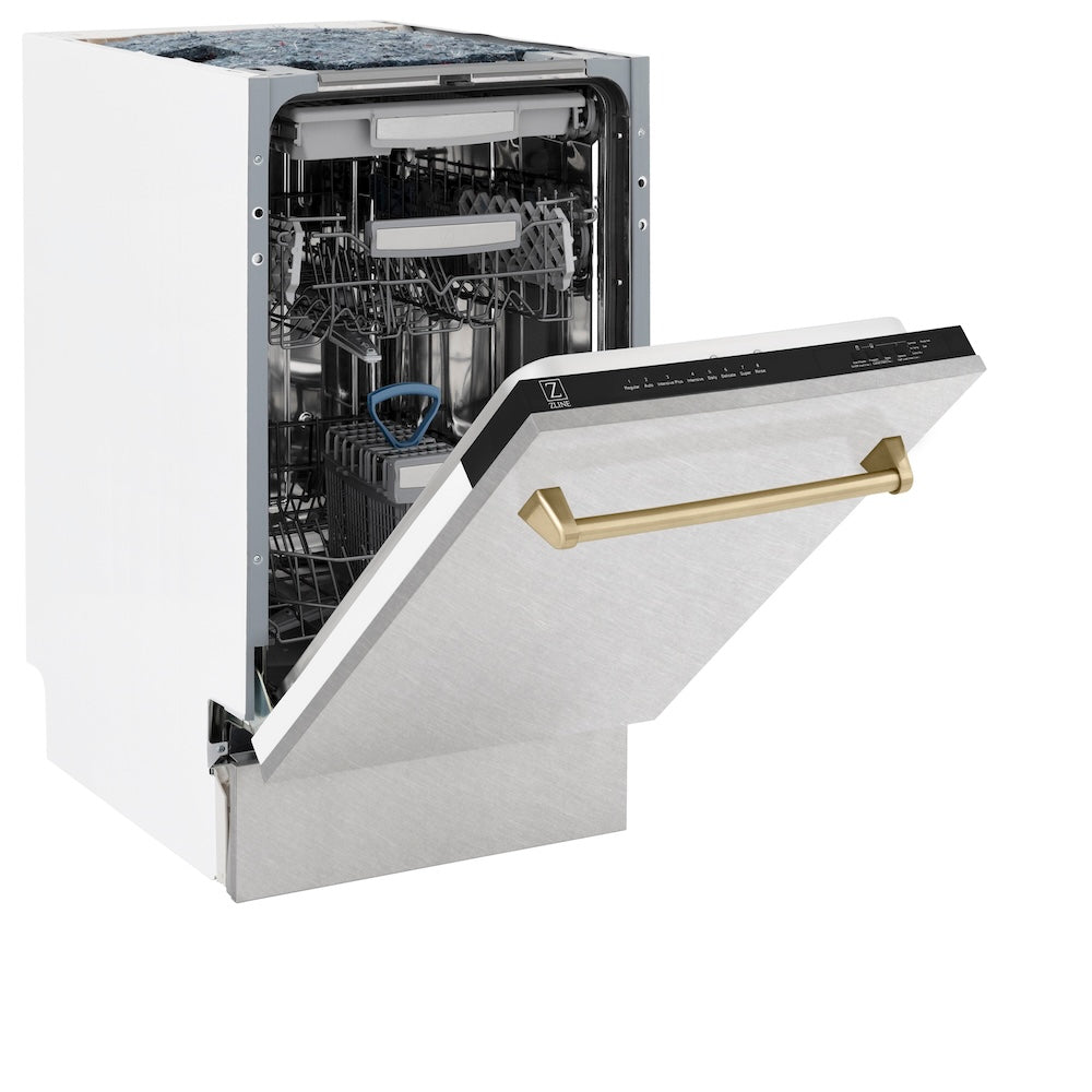 ZLINE Autograph Edition 18 in. Tallac Series 3rd Rack Top Control Built-In Dishwasher with Satin Stainless Steel Panel and Champagne Bronze Handle, 51dBa (DWVZ-SN-18-CB)