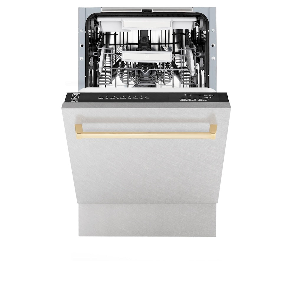ZLINE Autograph Edition 18 in. Tallac Series 3rd Rack Top Control Built-In Dishwasher with Satin Stainless Steel Panel and Polished Gold Handle, 51dBa (DWVZ-SN-18-G)