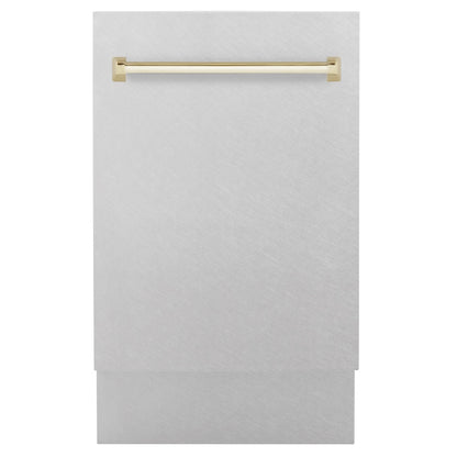 ZLINE Autograph Edition 18 in. Tallac Series 3rd Rack Top Control Built-In Dishwasher with Satin Stainless Steel Panel and Polished Gold Handle, 51dBa (DWVZ-SN-18-G)